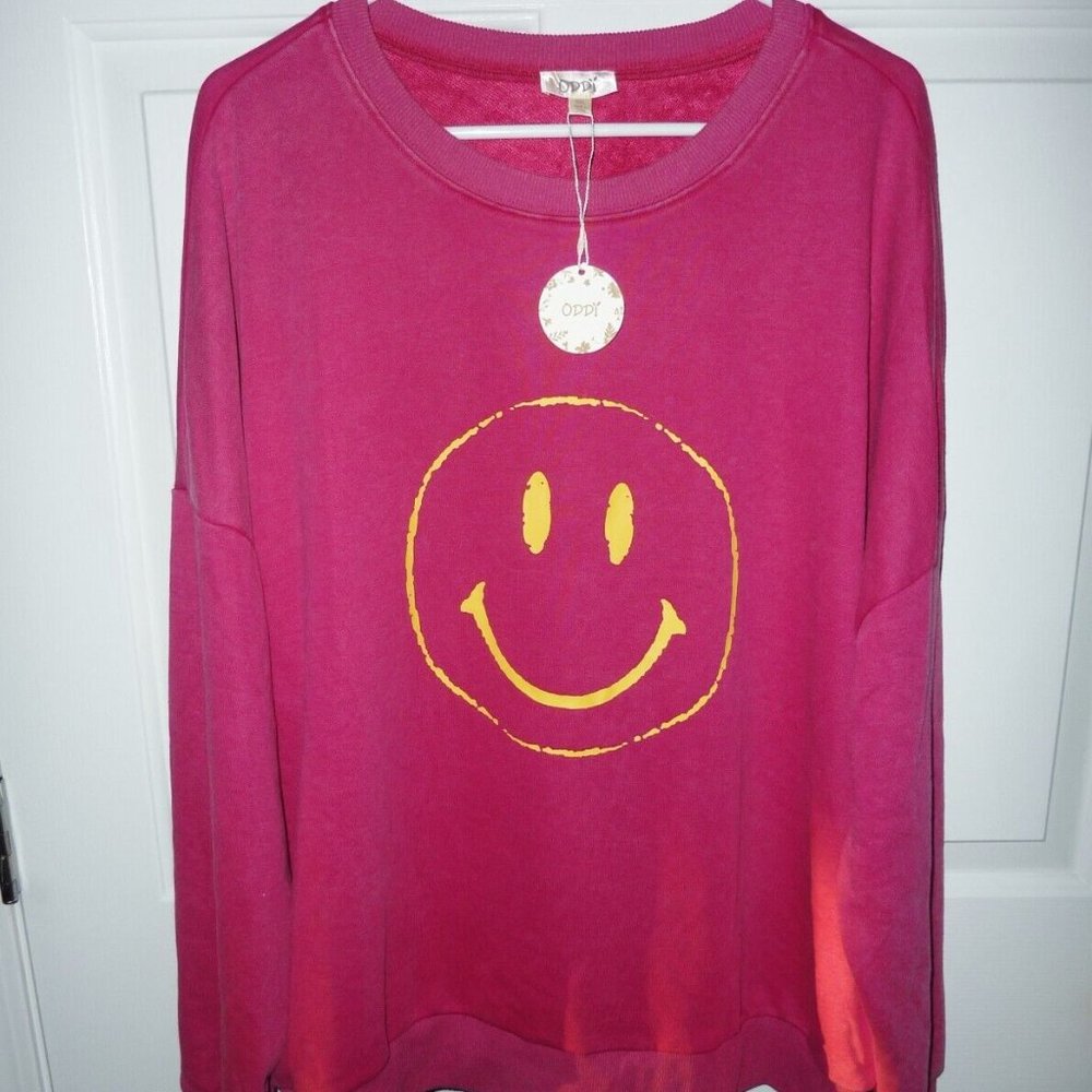 NWT Oddi Retro Smiling Face Fleece Sweatshirt Fuschia Plus 3X Very Over Sized - Picture 1 of 4